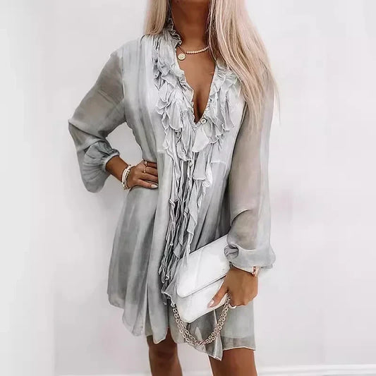 2025 Spring Chiffon V-Neck Dress – Elegant Lace-Up Long Sleeve Style